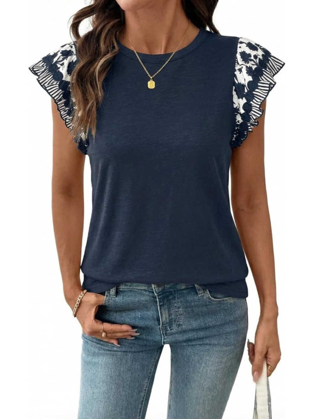 Womens Boho Floral Ruffle Sleeve Top - Elegant Crewneck Casual Blouse